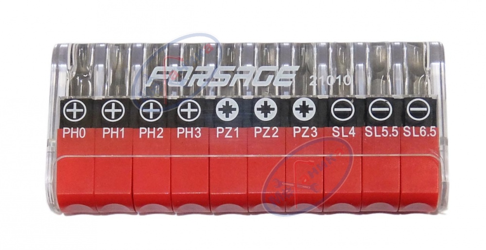 Набор бит 1/4" 10пр (PH.0,1,2,3, PZ.1,2,3, SL 4,5.5, 6.5мм - 25ммL) (FORSAGE)